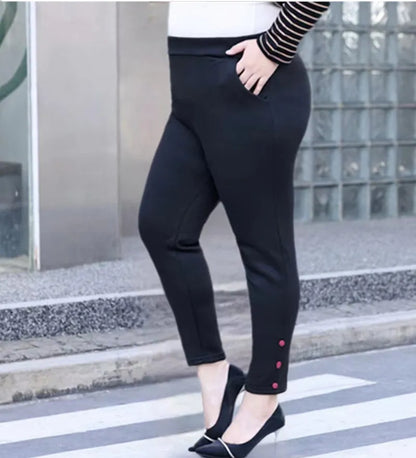 Damen-Leggings schwarz, Plus-Size, elastisch, mit Knöpfen, bequem, modisch, für Freizeitkleidung.