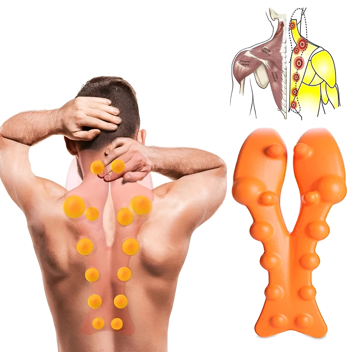 Oranges Rückenmassagegerät, ergonomisch, Muskelentspannung, Triggerpunkt, Schmerzlinderung.