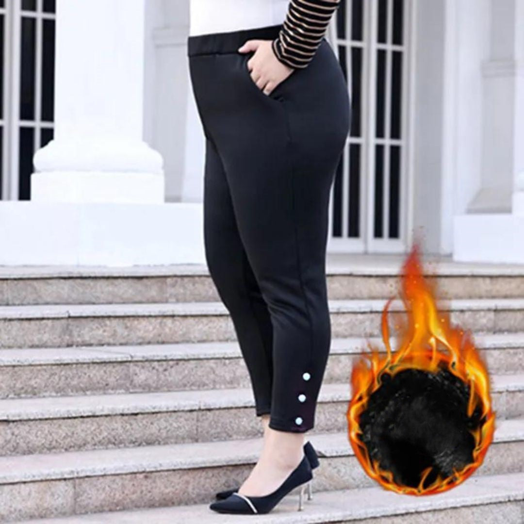 Damen Thermo-Leggings schwarz, warm, elastisch, Wintermode, Knöpfe, elegant, bequem.